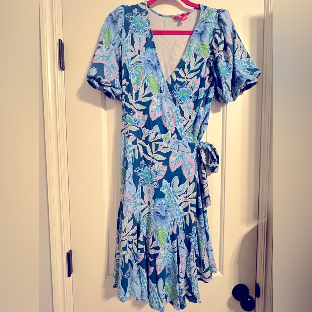 Lilly Pulitzer  Macaw Blue Kessler Wrap Dress size L
Worn 2x